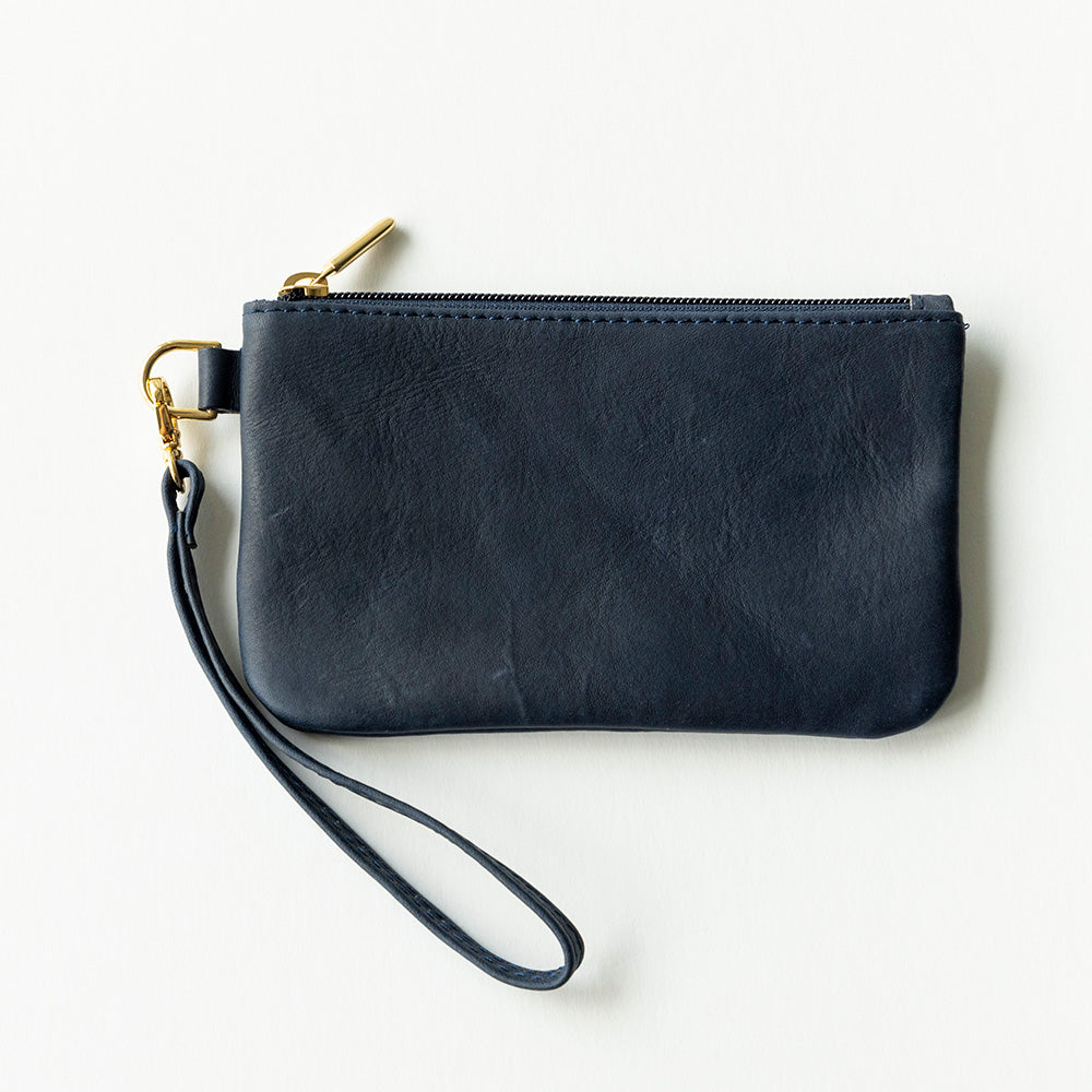 Leather Wristlet in Navy