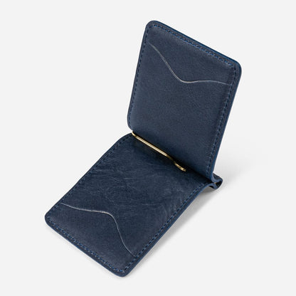 Leather Wallet with Money Clip in Navy
